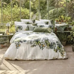 Taie d'oreiller percale de coton lavé imprimé vert ecru Giardino naturel