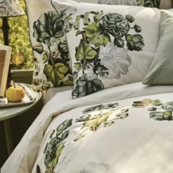 Taie d'oreiller percale de coton lavé imprimé vert ecru Giardino naturel