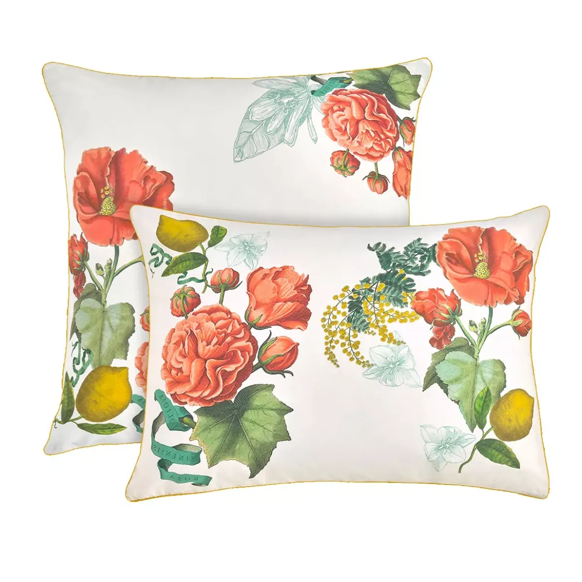 Taie d'oreiller percale de coton lavé imprimé rose jaune Citrons de menton romance