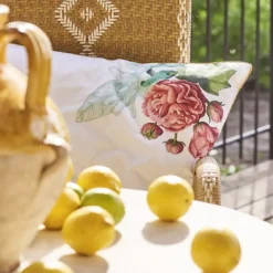 Taie d'oreiller percale de coton lavé imprimé rose jaune Citrons de menton romance