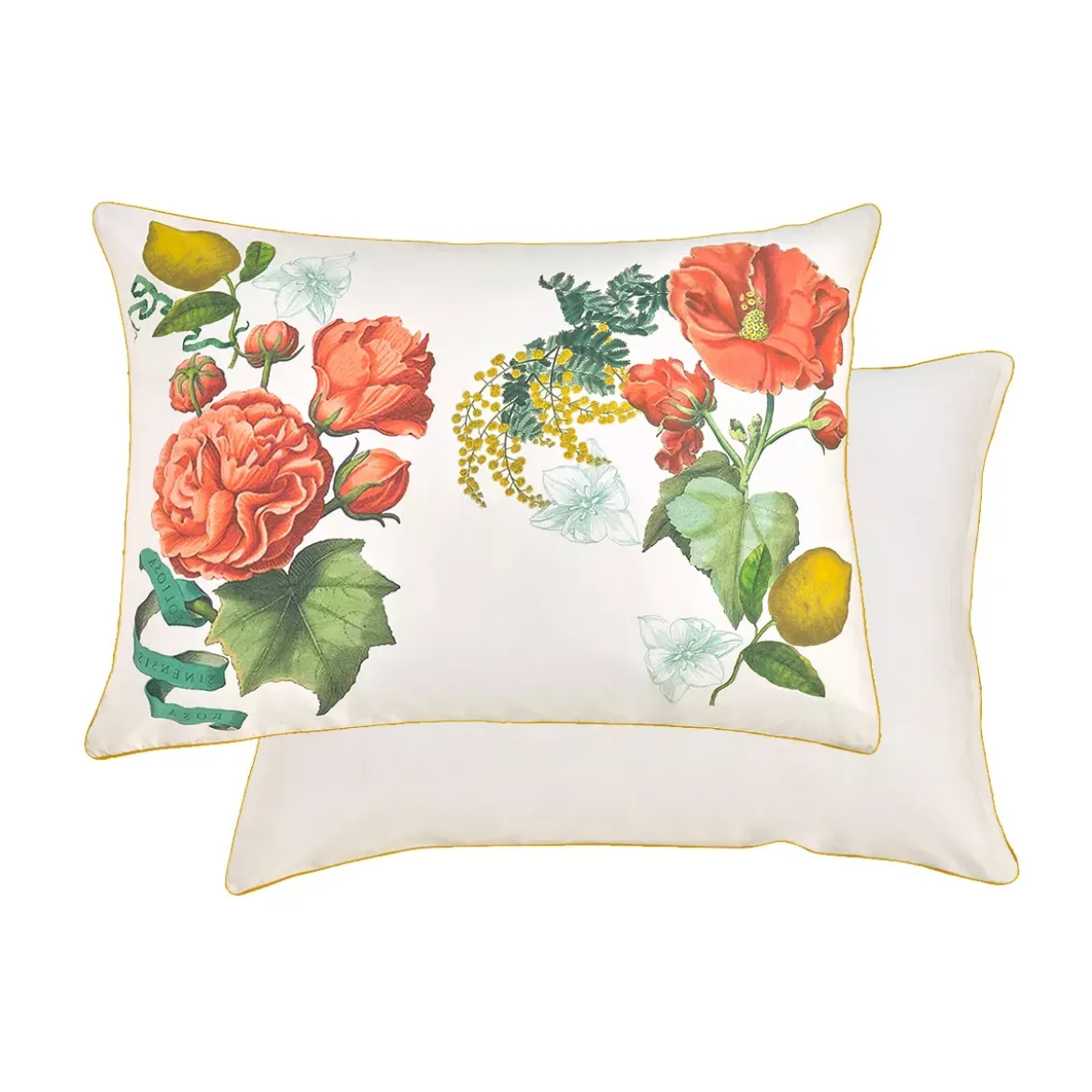 Taie d'oreiller percale de coton lavé imprimé rose jaune Citrons de menton romance