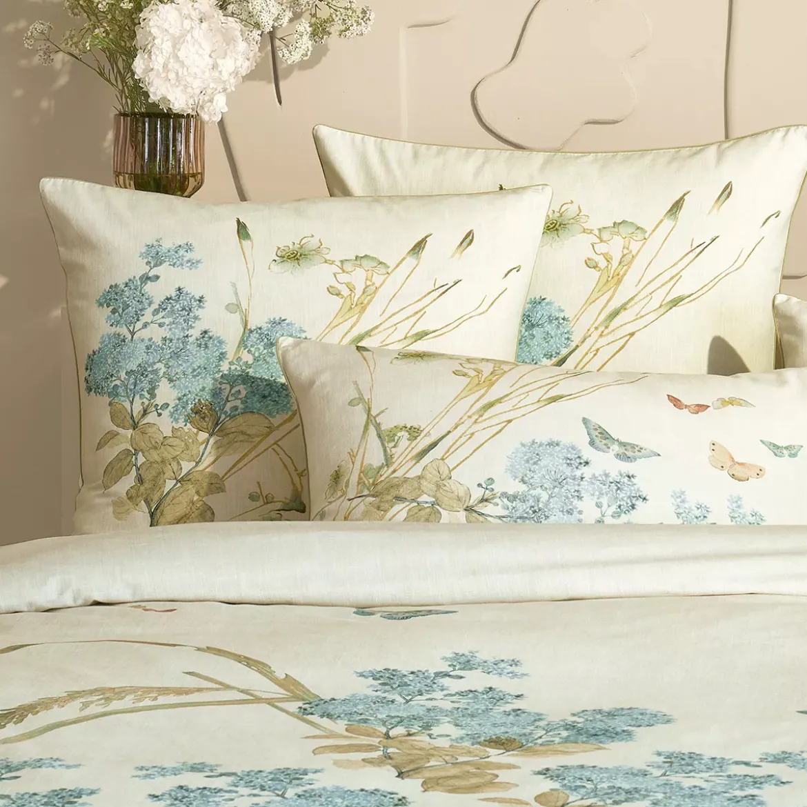 Taie d'oreiller pur coton lavé imprimé beige Caprices parchemin