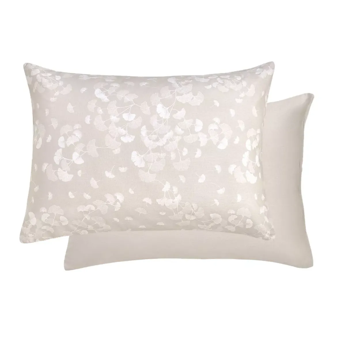 Taie d'oreiller pur coton lavé imprimé beige Souffle de ginkos naturel