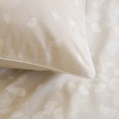 Taie d'oreiller pur coton lavé imprimé beige Souffle de ginkos naturel
