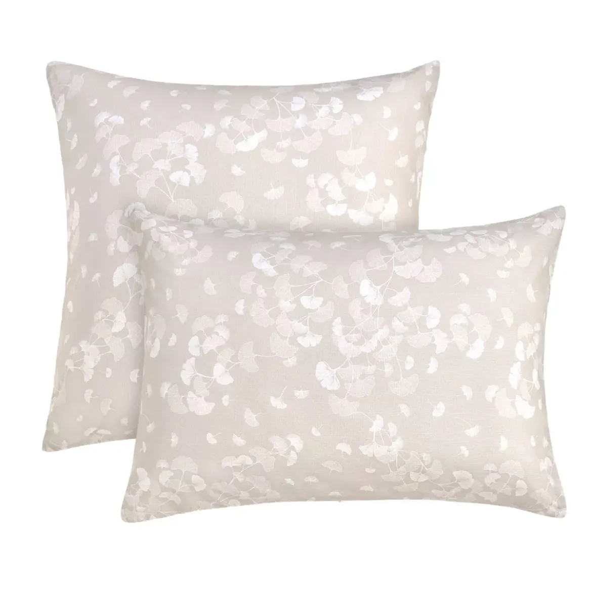 Taie d'oreiller pur coton lavé imprimé beige Souffle de ginkos naturel