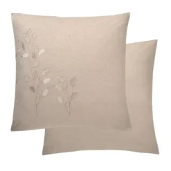 Taie d'oreiller pur coton lavé tissé teint brodé beige Monnaie du pape naturel
