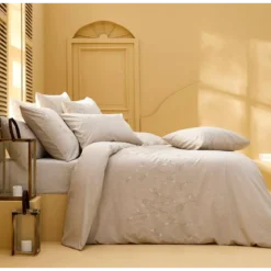 Taie d'oreiller pur coton lavé tissé teint brodé beige Monnaie du pape naturel