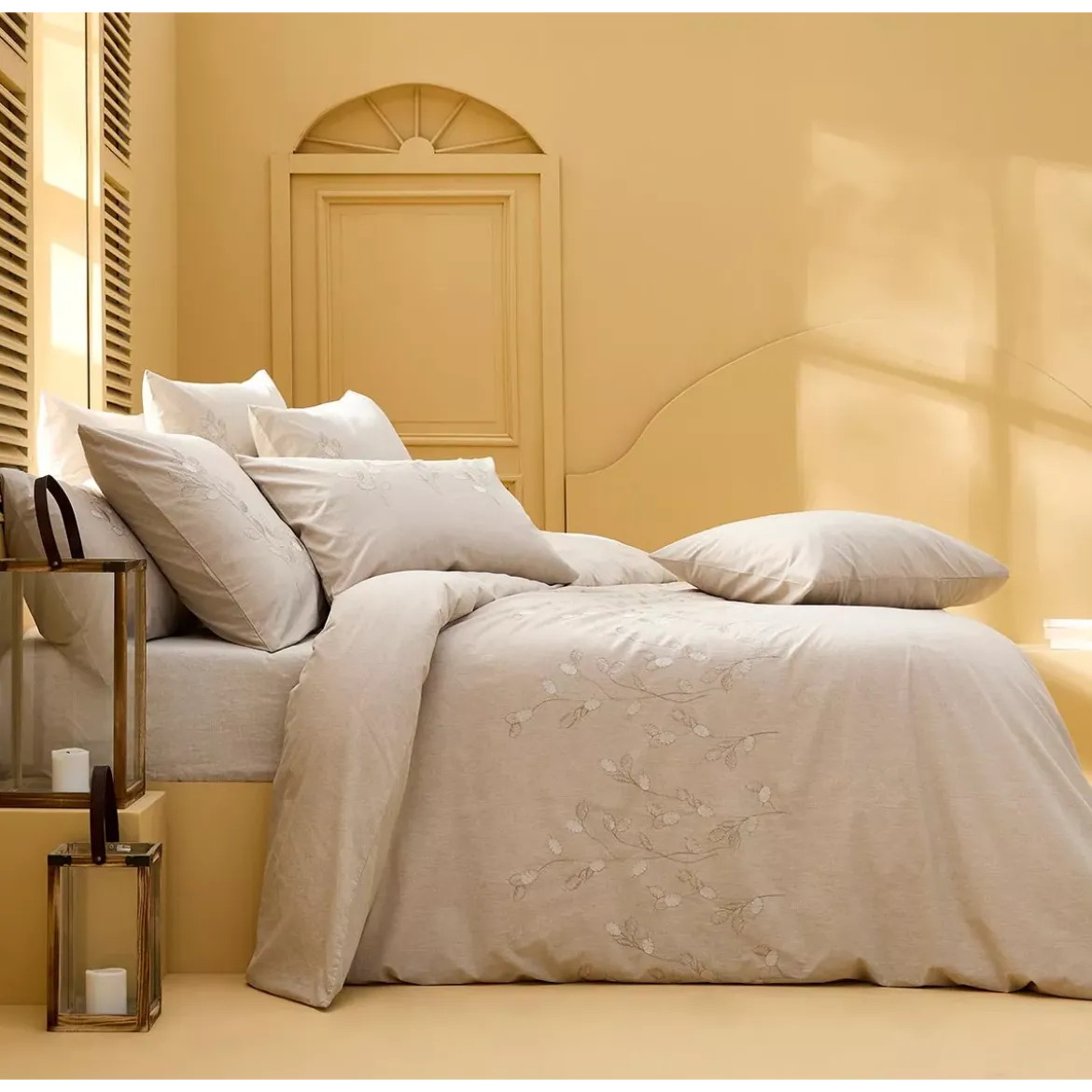 Taie d'oreiller pur coton lavé tissé teint brodé beige Monnaie du pape naturel