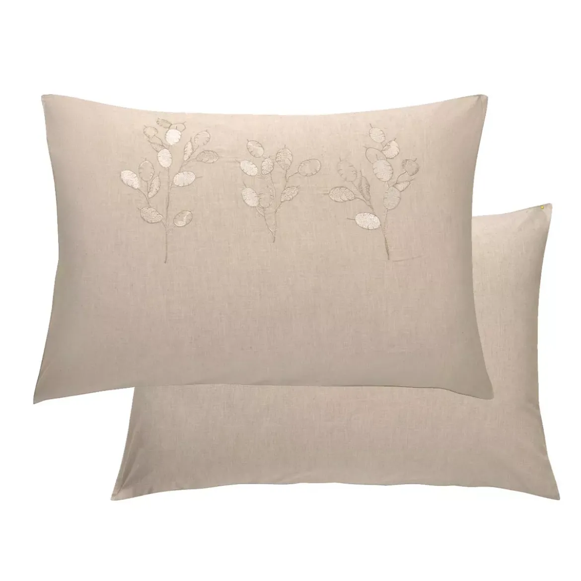 Taie d'oreiller pur coton lavé tissé teint brodé beige Monnaie du pape naturel