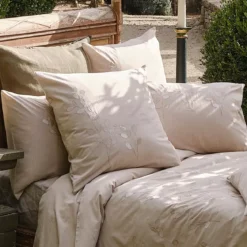 Taie d'oreiller pur coton lavé tissé teint brodé beige Monnaie du pape naturel