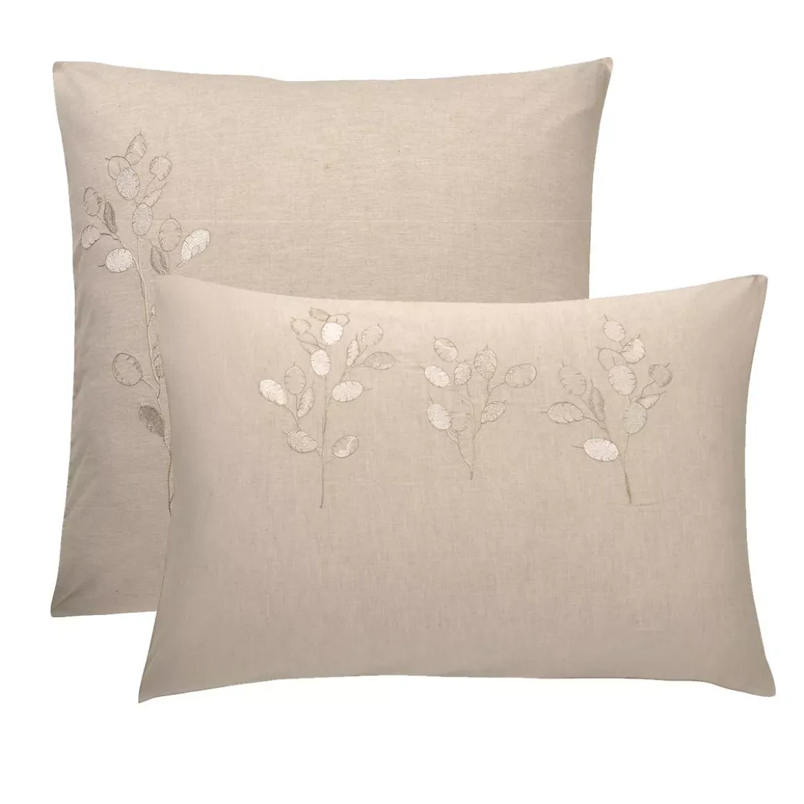 Taie d'oreiller pur coton lavé tissé teint brodé beige Monnaie du pape naturel
