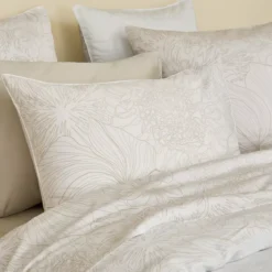 Taie d'oreiller satin de coton imprimé blanc beige Flower power white