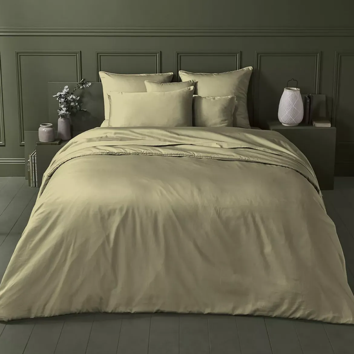 Taie d'oreiller satin de coton uni beige Ava uni glaise