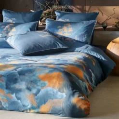 Taie d'oreiller satin de coton imprimé bleu or Fuji nocturne