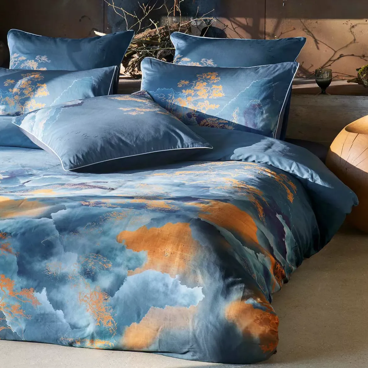 Taie d'oreiller satin de coton imprimé bleu or Fuji nocturne