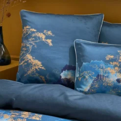 Taie d'oreiller satin de coton imprimé bleu or Fuji nocturne