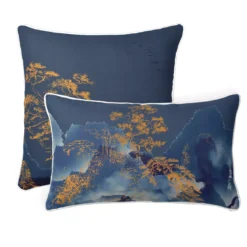 Taie d'oreiller satin de coton imprimé bleu or Fuji nocturne
