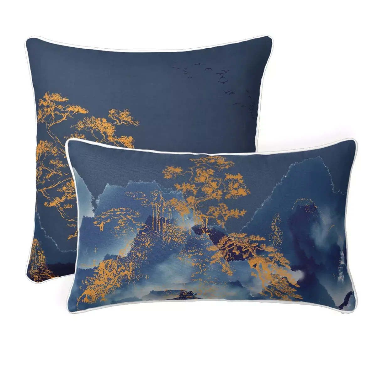 Taie d'oreiller satin de coton imprimé bleu or Fuji nocturne