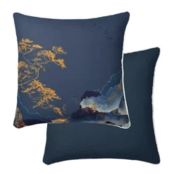 Taie d'oreiller satin de coton imprimé bleu or Fuji nocturne