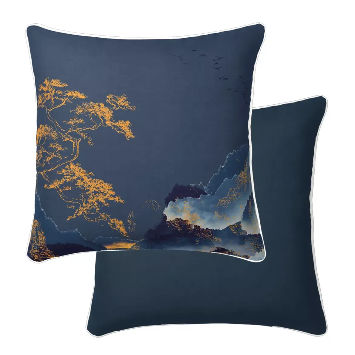 Taie d'oreiller satin de coton imprimé bleu or Fuji nocturne