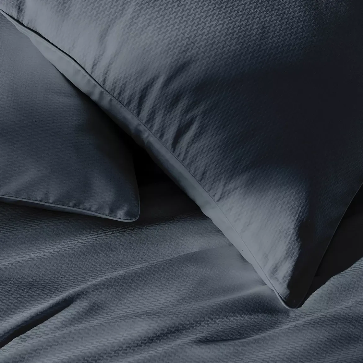 Taie d'oreiller satin de coton motif jacquard bleu Vibrato bleu nuit