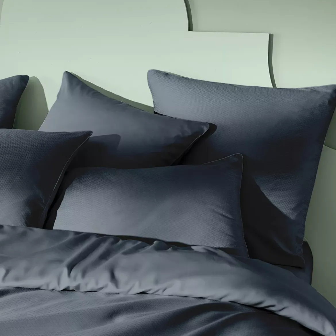 Taie d'oreiller satin de coton motif jacquard bleu Vibrato bleu nuit