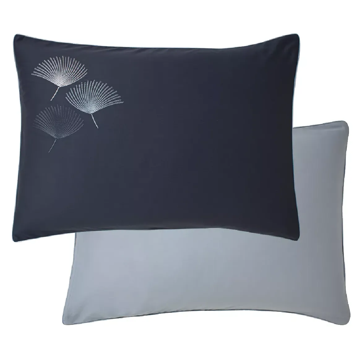 Taie d'oreiller satin de coton brodé bleu Pistil bleu nuit