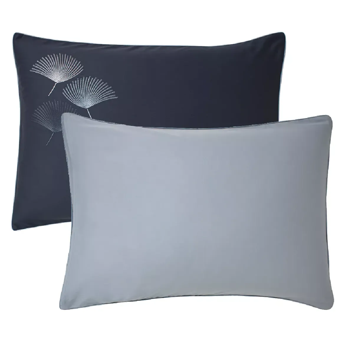 Taie d'oreiller satin de coton brodé bleu Pistil bleu nuit