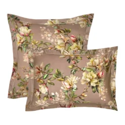 Taie d'oreiller satin de coton imprimé rose Magnolias rose fume