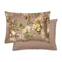 Taie d'oreiller satin de coton imprimé rose Magnolias rose fume