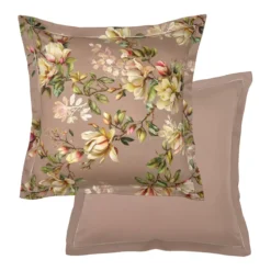 Taie d'oreiller satin de coton imprimé rose Magnolias rose fume