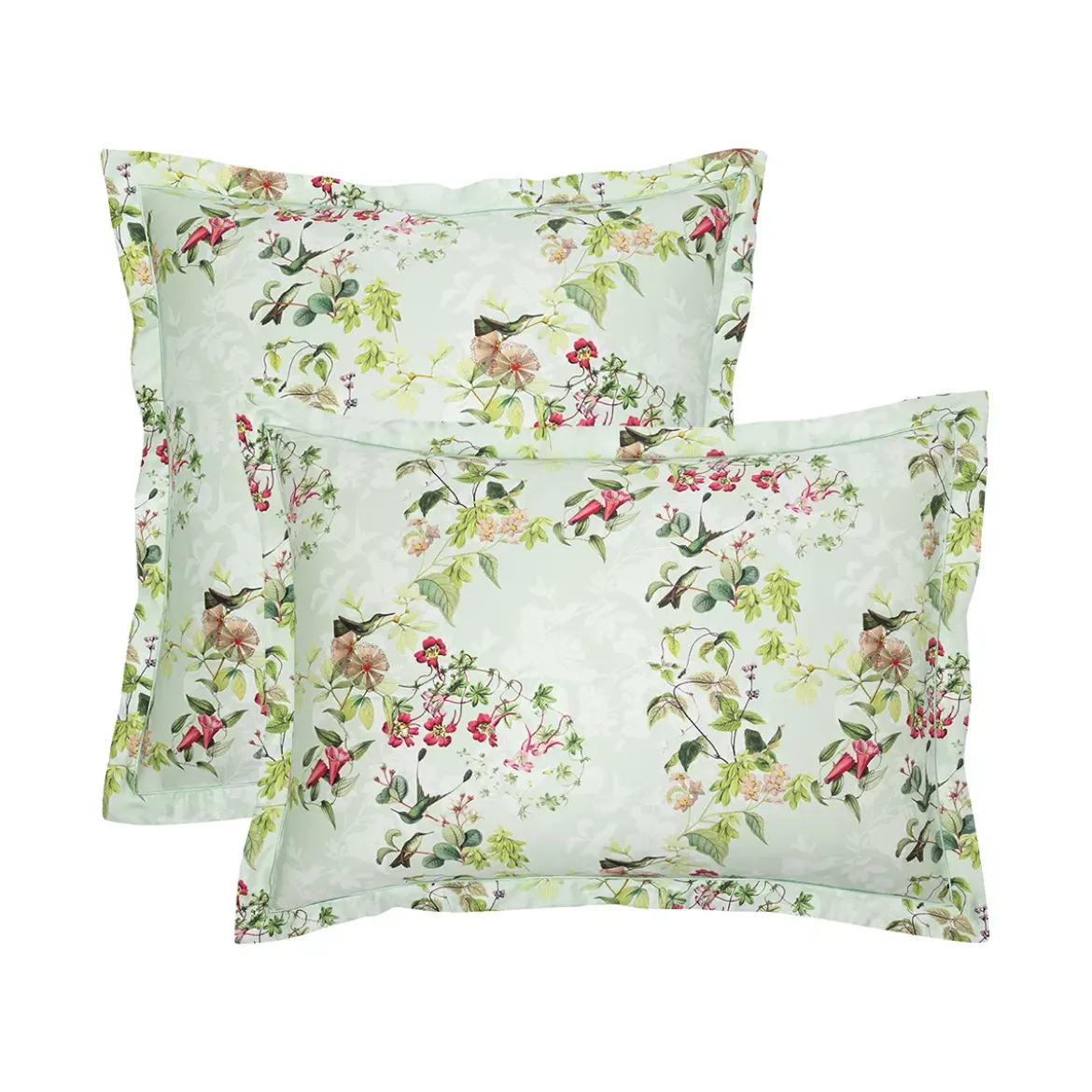 Taie d'oreiller satin de coton imprimé multicolore vert Foliage vert d'eau