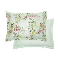 Taie d'oreiller satin de coton imprimé multicolore vert Foliage vert d'eau