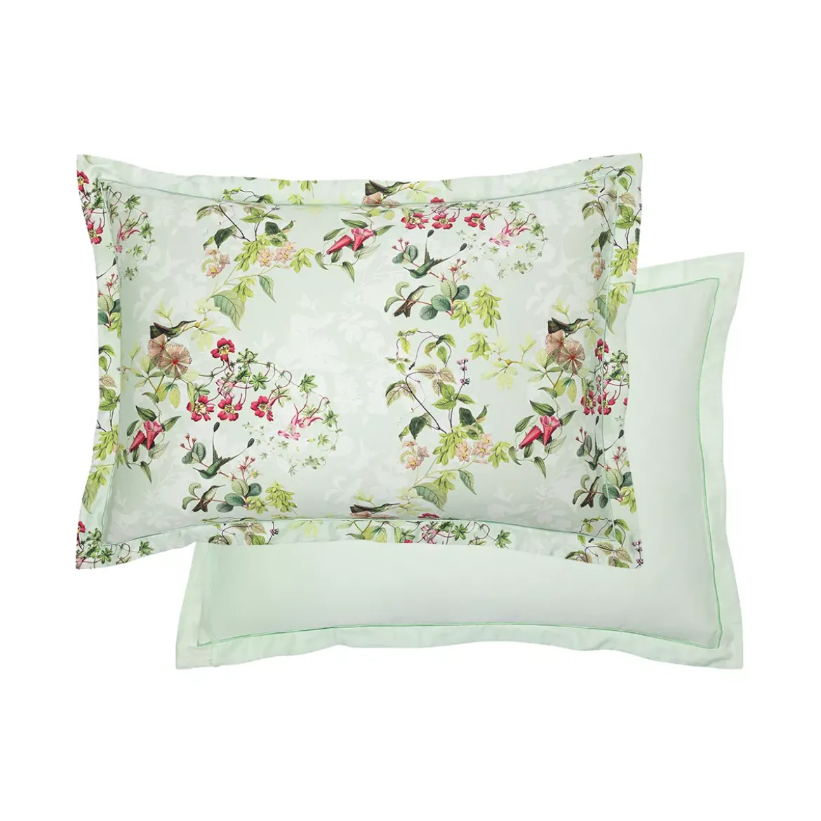 Taie d'oreiller satin de coton imprimé multicolore vert Foliage vert d'eau