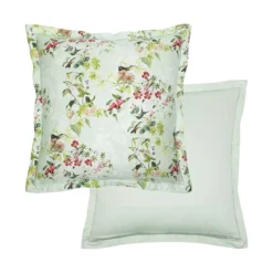 Taie d'oreiller satin de coton imprimé multicolore vert Foliage vert d'eau