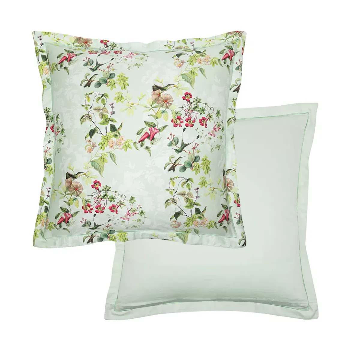 Taie d'oreiller satin de coton imprimé multicolore vert Foliage vert d'eau