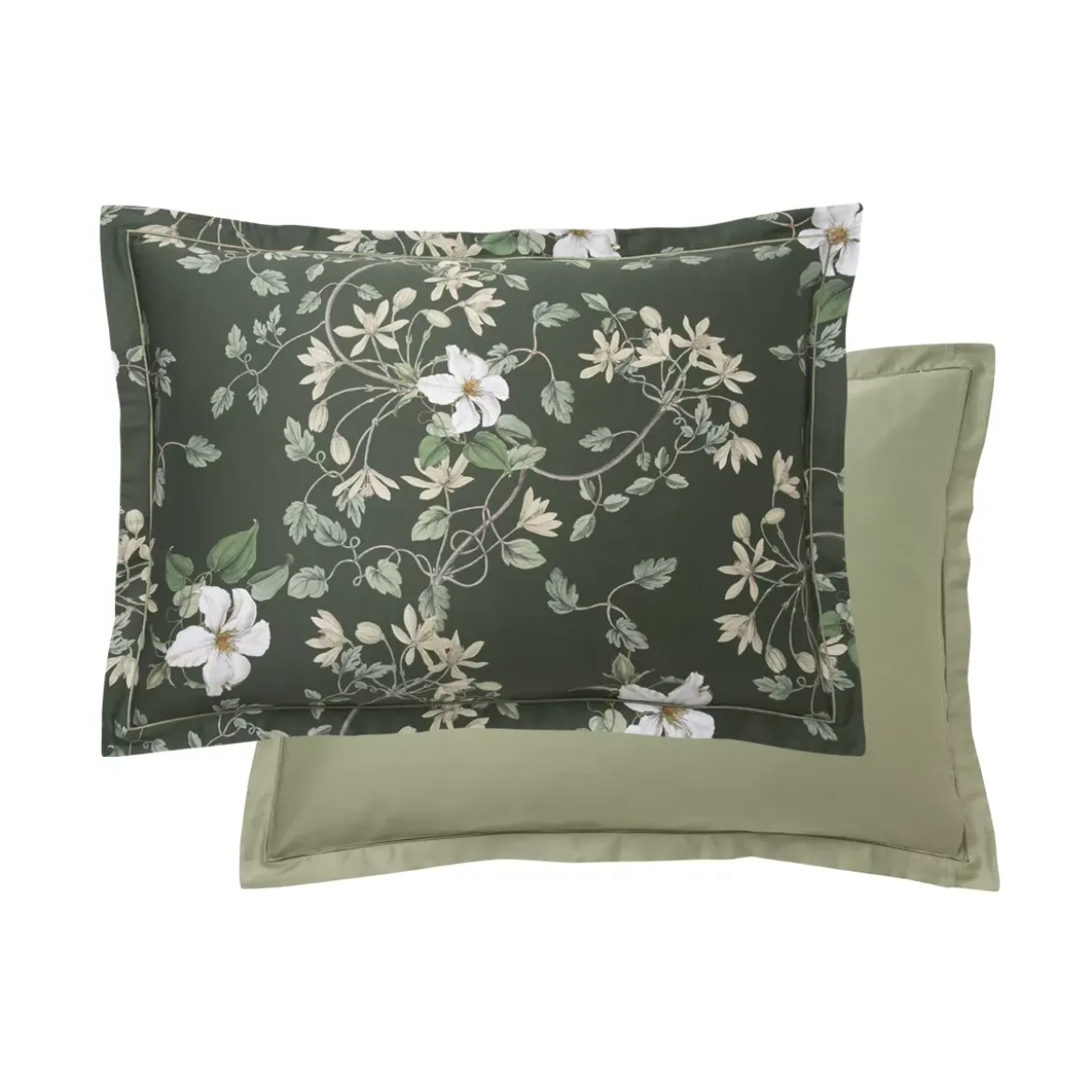 Taie d'oreiller satin de coton imprimé vert Gardenias mousse