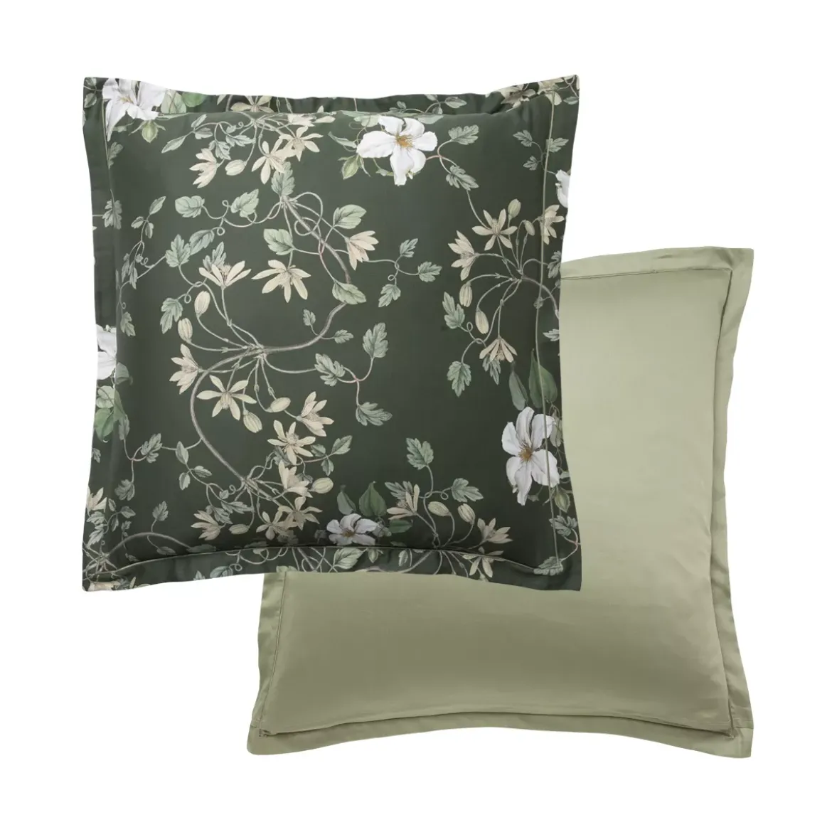 Taie d'oreiller satin de coton imprimé vert Gardenias mousse
