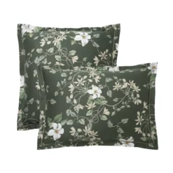 Taie d'oreiller satin de coton imprimé vert Gardenias mousse