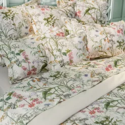 Taie d'oreiller satin de coton imprimé rose beige vert Prairie legere beige