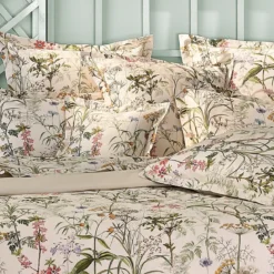 Taie d'oreiller satin de coton imprimé rose beige vert Prairie legere beige