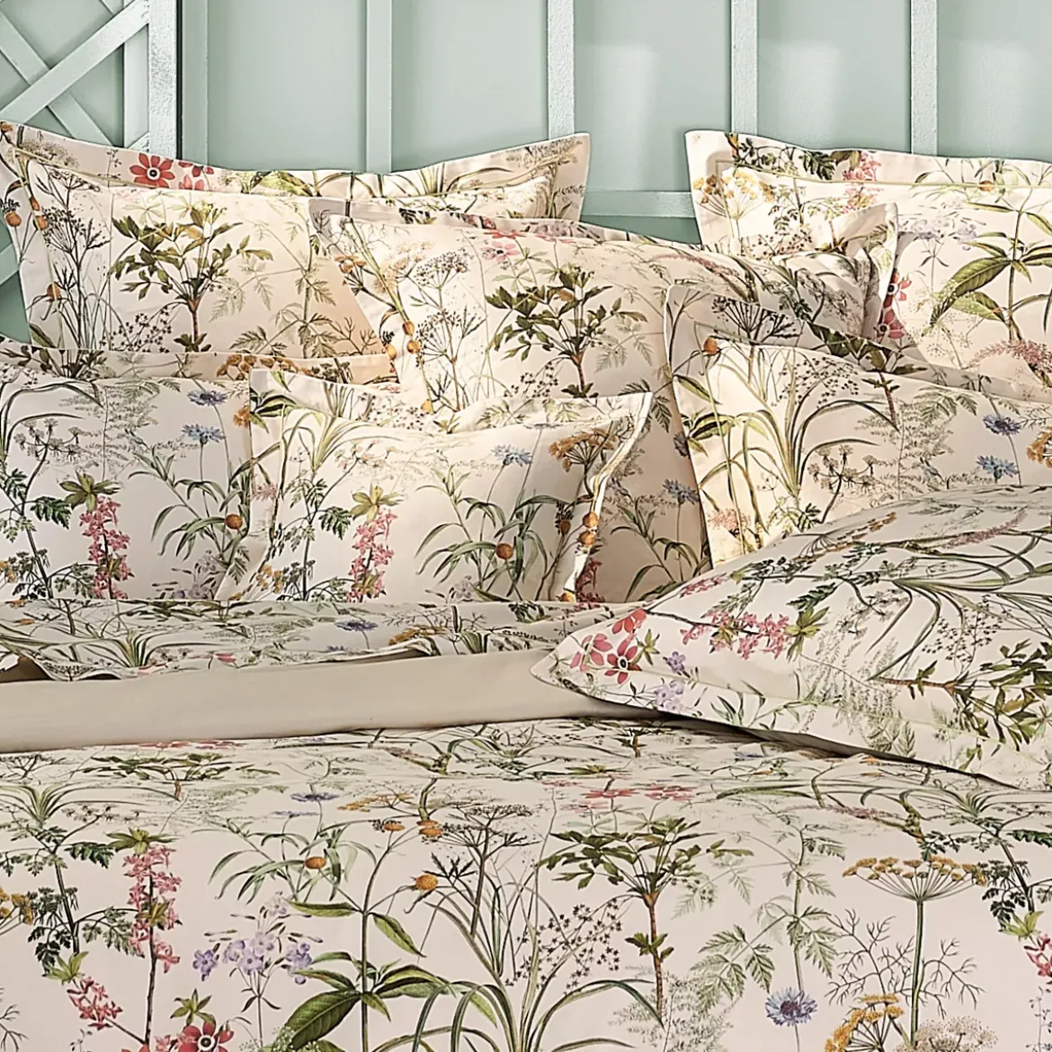 Taie d'oreiller satin de coton imprimé rose beige vert Prairie legere beige
