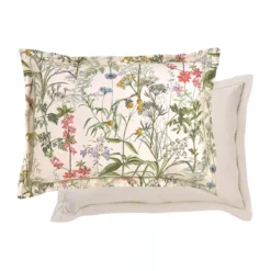 Taie d'oreiller satin de coton imprimé rose beige vert Prairie legere beige