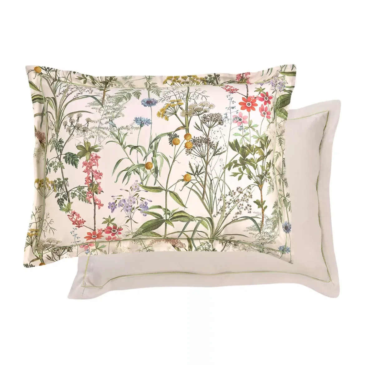 Taie d'oreiller satin de coton imprimé rose beige vert Prairie legere beige