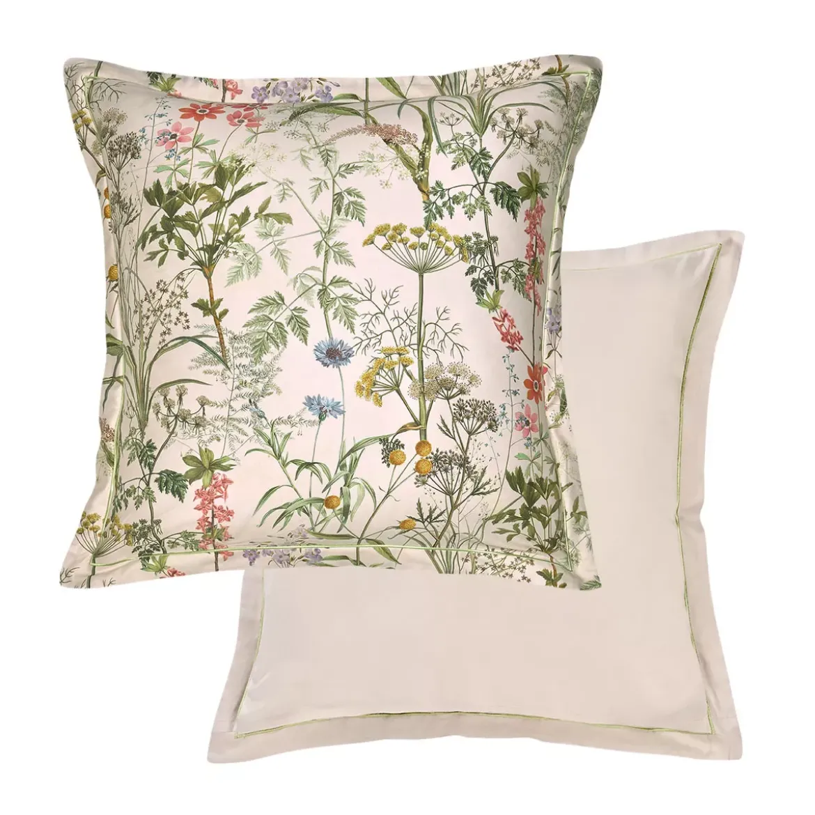 Taie d'oreiller satin de coton imprimé rose beige vert Prairie legere beige