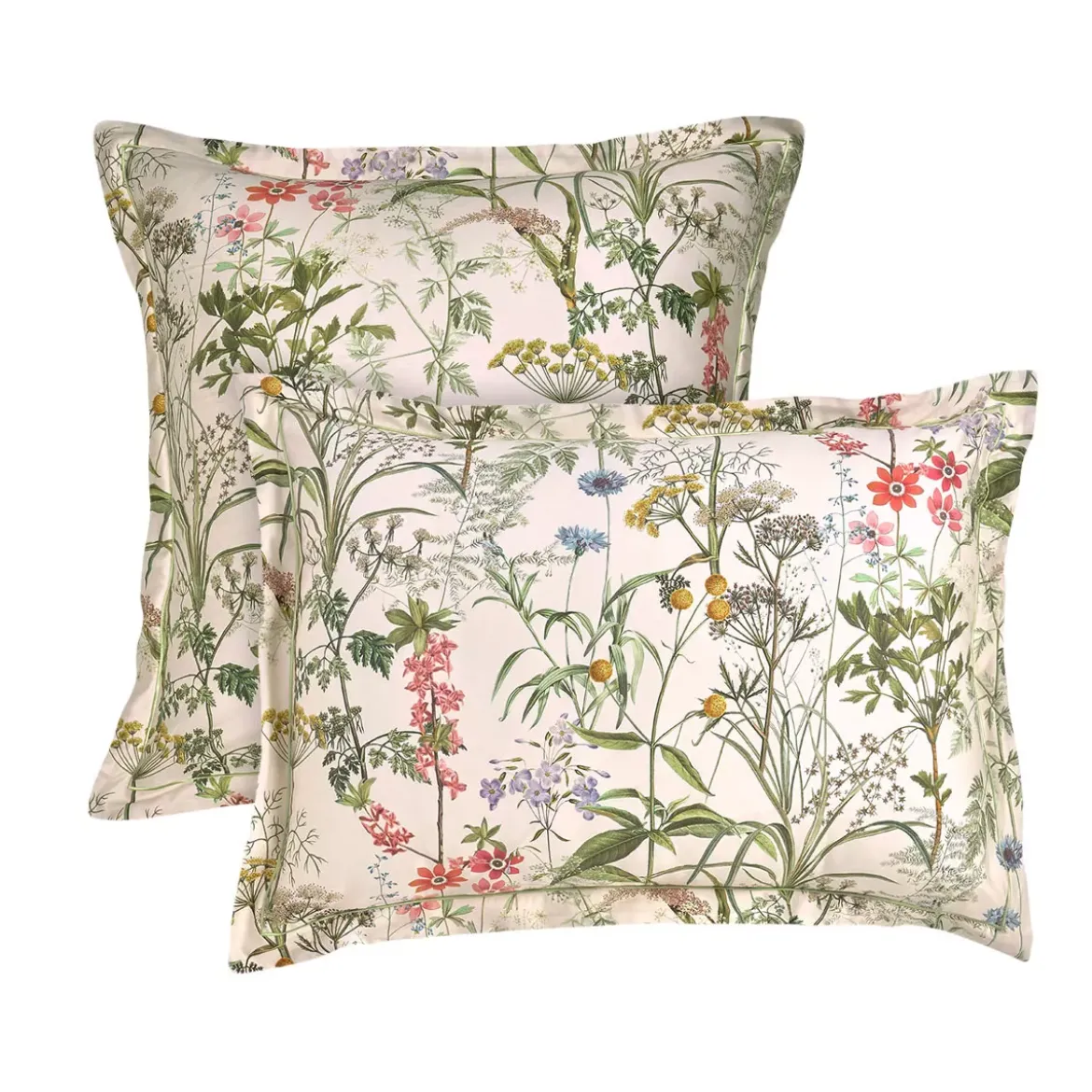Taie d'oreiller satin de coton imprimé rose beige vert Prairie legere beige