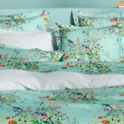 Taie d'oreiller satin de coton 115 g/m² imprimé bleu vert Le printemps azur