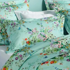 Taie d'oreiller satin de coton 115 g/m² imprimé bleu vert Le printemps azur