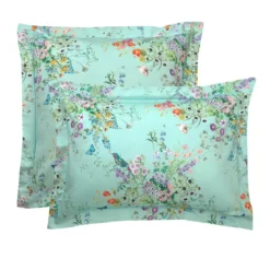 Taie d'oreiller satin de coton 115 g/m² imprimé bleu vert Le printemps azur