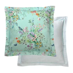 Taie d'oreiller satin de coton 115 g/m² imprimé bleu vert Le printemps azur